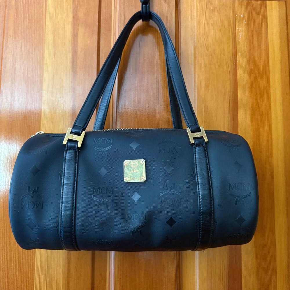 MCM Barrel Bag Womens Small Black Excellent Visetos Monogram Nylon Vintage